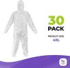 Hazmat Suits Disposable Coveralls 4X-Large. Pack of 30 White Protective Suits with Attached Hood; Zipper Front. 60 gsm Microporous Paint Suit; Protect